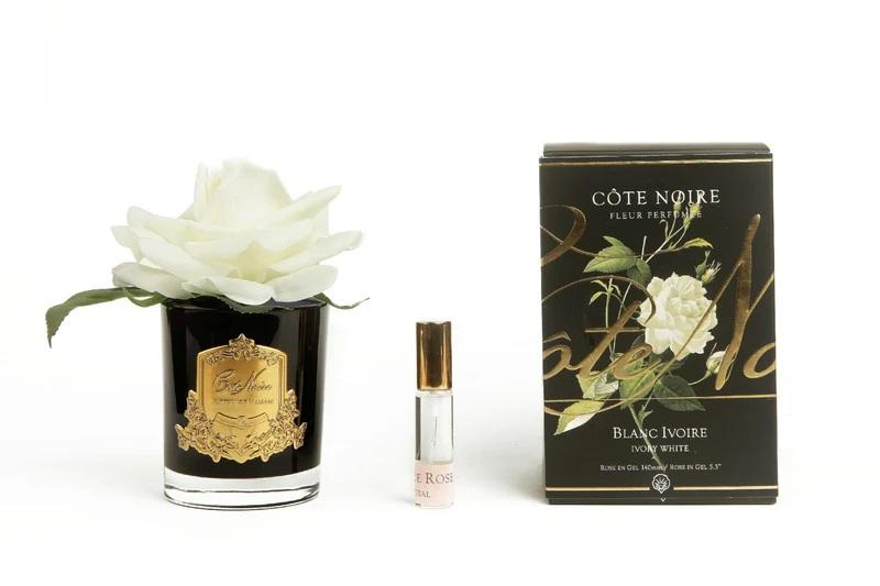 IVORY WHITE ROSE BUD - BLK GLASS W GOLD