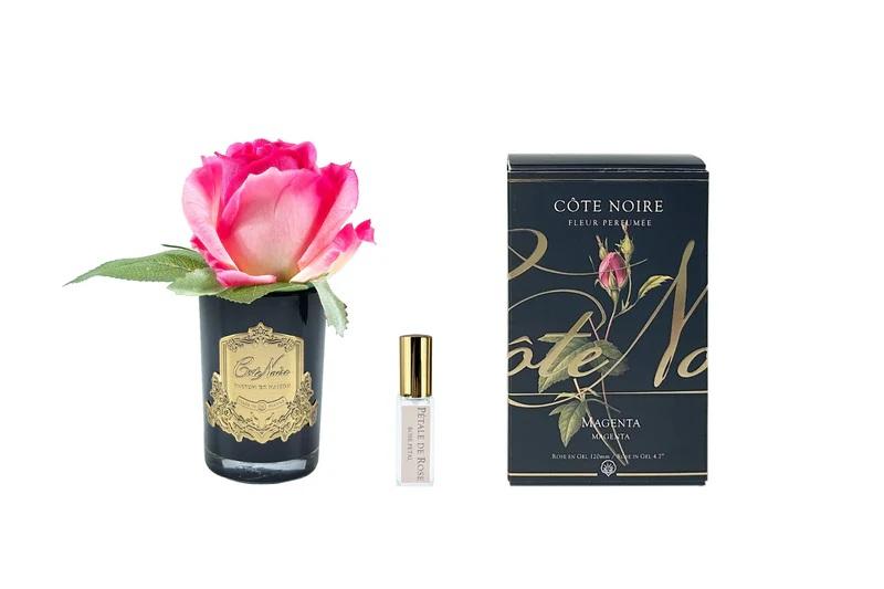 ROSE BUD MAGENTA BLK GLASS GOLD CREST