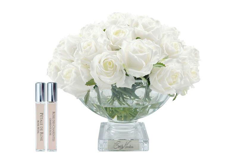 WHITE ROSE BUDS W/SILVER BADGE - SQ VASE