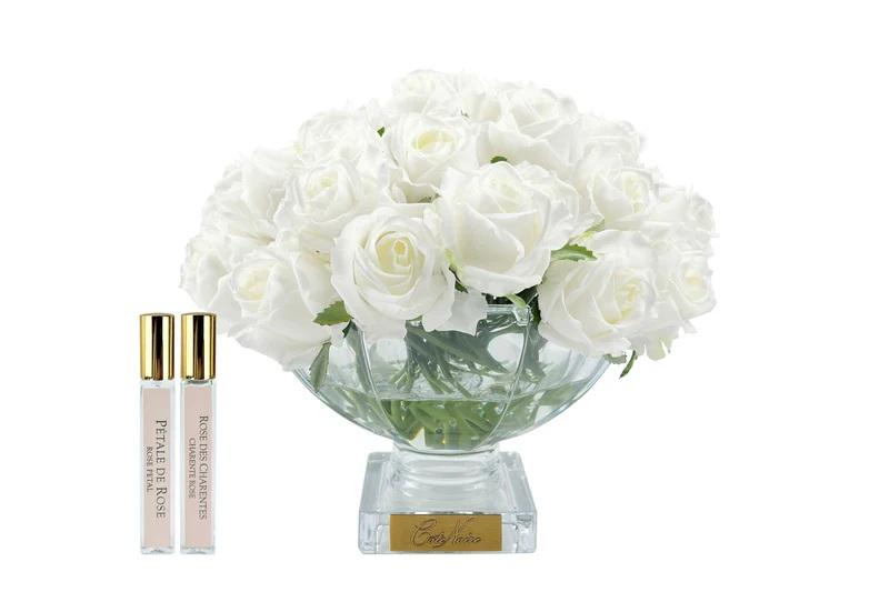 WHITE ROSE BUDS W/GOLD BADGE - SQ VASE