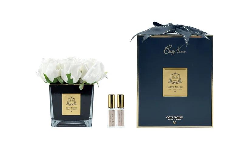 9 IVORY ROSE BUDS BLK GLASS SQ VESSEL